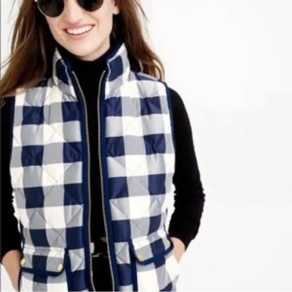 J Crew Excursion Quilted Puffer Vest Jacket Women Blue Buffalo Plaid Sz XS
